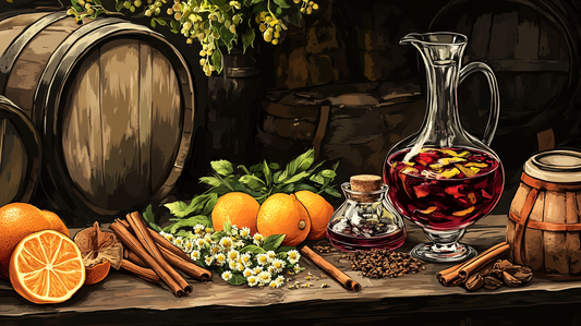 An elegant display of fresh ingredients for vermouth, including wormwood, chamomile, cinnamon sticks, citrus peels, and cloves on a rustic wooden table.