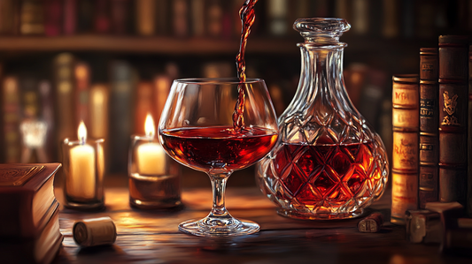 Dark ruby port in a crystal glass with brandy pouring in a cozy old world library