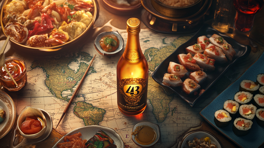 Licor 43 bottle surrounded by international dishes from around the world