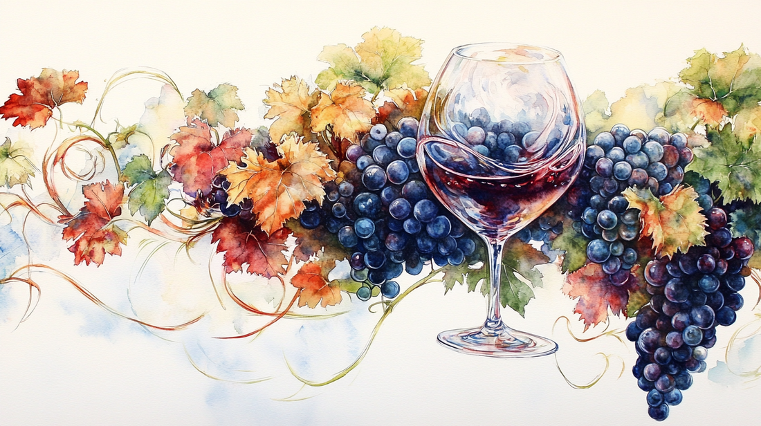 Watercolor depiction of Tempranillo grapes morphing into a wine glass representing Riojas signature variety