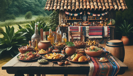 wooden table laden with traditional dishes like grilled meats, empanadas, and ceviche