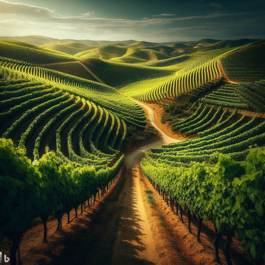 A captivating image of lush, sprawling vineyards under the Spanish sun in the Rioja region, with rows of Tempranillo vines.