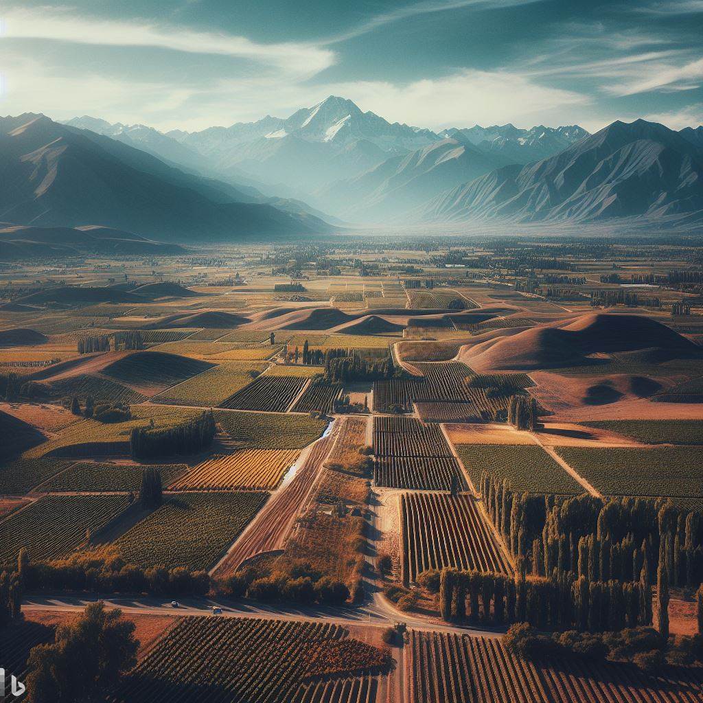 An aerial or panoramic shot of the rolling vineyards in Mendoza, Argentina, with the Andes Mountains in the backdrop.