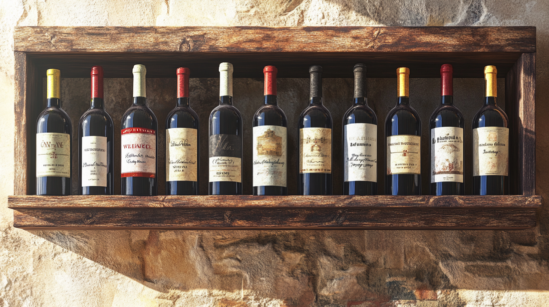 Stacked wine bottles on a rustic rack illustrating Spanish wine classifications from entry level to DOCa 