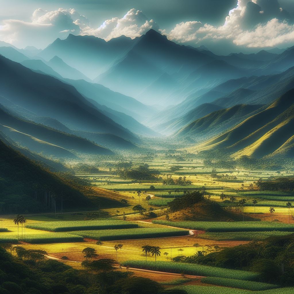 The lush valleys and fields of sugar canes in Venezuela, with the Andes Mountains in the backdrop.