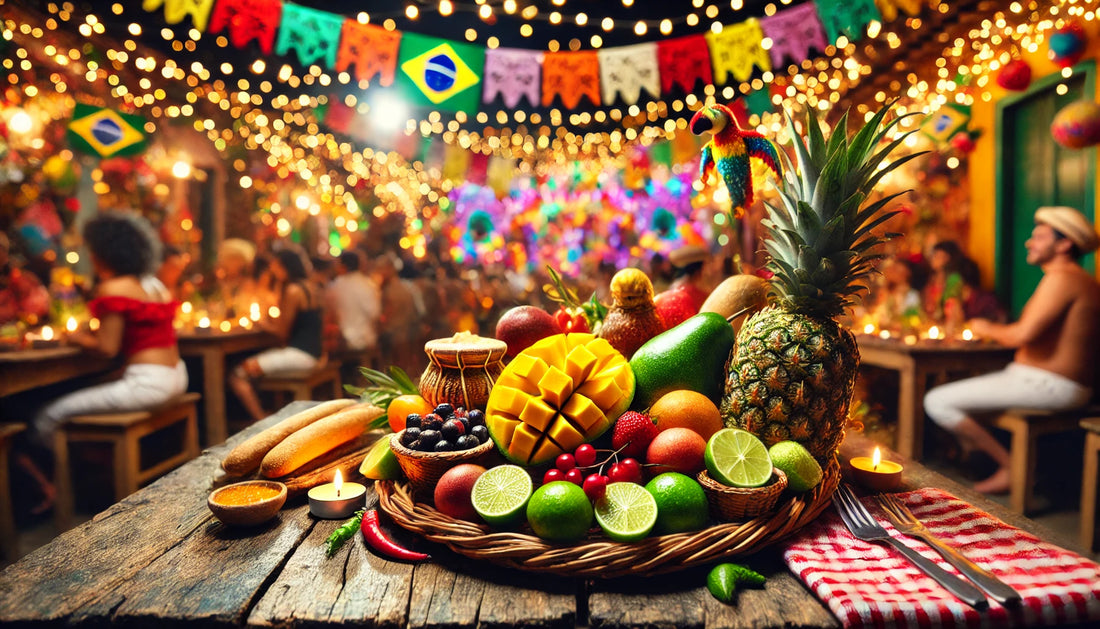  vibrant scene at a Brazilian festival with a rustic wooden table covered in a variety of tropical fruits 