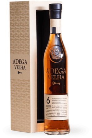 Adega Velha 6 Year Old Brandy 40% 750ml near a box